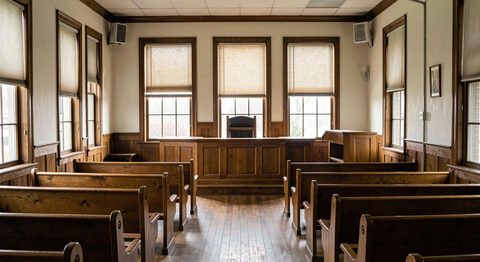 An empty courtroom in a small Mississippi county seat, wooden benches and a raised judge's bench, tall windows with drawn blinds.
