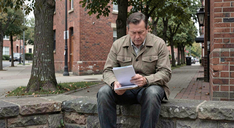 A man in a plain canvas work jacket sitting alone on a low stone wall along a quiet tree-lined sidewalk, a folder of papers in his hands, red brick wall behind him, overcast light
