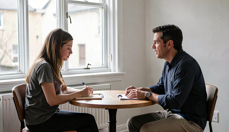 Two people seated across a small round table in a plain room beside a window, a woman writing in a notebook while a man speaks, both seen in profile, soft daylight
