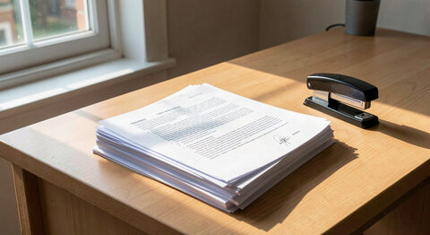 A stack of printed court pleadings and a stapler on a plain wooden desk beside a window, morning light across the paper, no readable text.