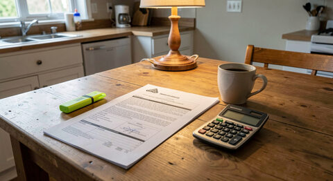 A kitchen table covered with an insurance policy booklet, a highlighter and a calculator beside a coffee cup, evening lamp light.