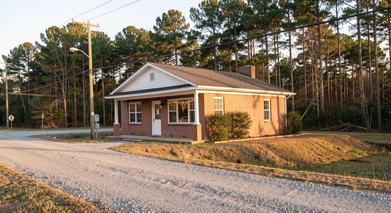 A rural Mississippi crossroads with a small brick office building, a gravel shoulder and pine woods behind, late-day sun.